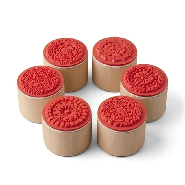 Alt view image 2 of 2 - 6Pcs Round Rubber Stamps Set Wooden Floral Pattern Decorative Embossing Stamper for Card Making, Scrapbooking Ink Stamping and Clay Pottery Crafting Supplies, DIY Arts, Journals