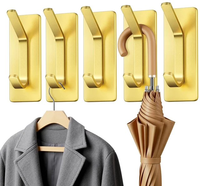 Main image of Double Adhesive Hooks, 5 Pack Stainless Steel Hooks 15 lb Max, Gold