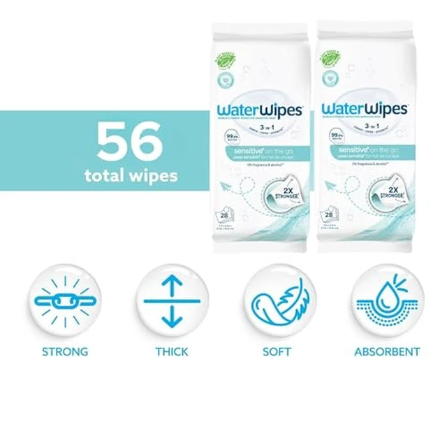 Alt view image 3 of 7 - WaterWipes Sensitive+ On The Go Wipes, 3-In-1 Cleans, Cares, Protects, 99.9% Water, Unscented & Hypoallergenic Wet Wipes, 28 Count (Pack of 2)