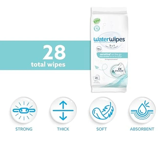 Alt view image 5 of 7 - WaterWipes Sensitive+ On The Go Wipes, 3-In-1 Cleans, Cares, Protects, 99.9% Water, Unscented & Hypoallergenic Wet Wipes, 28 Count (Pack of 2)
