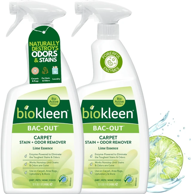 Main image of Bac-Out Enzyme Cleaner Spray and Stain & Odor Remover for Pet Stains, Laundry, Diapers, Wine, Carpets, & More, Eco-Friendly, Non-Toxic, Lime Scent, 32 Ounces (Pack of 2)