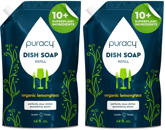 Main image of Natural Dish Soap Refill - Skin-Softening Plant-Based Liquid Dishwashing Detergent Soap, Clean-Rinsing Water-Sheeting Formula (Organic Lemongrass, 48 fl oz) (Pack of 2)