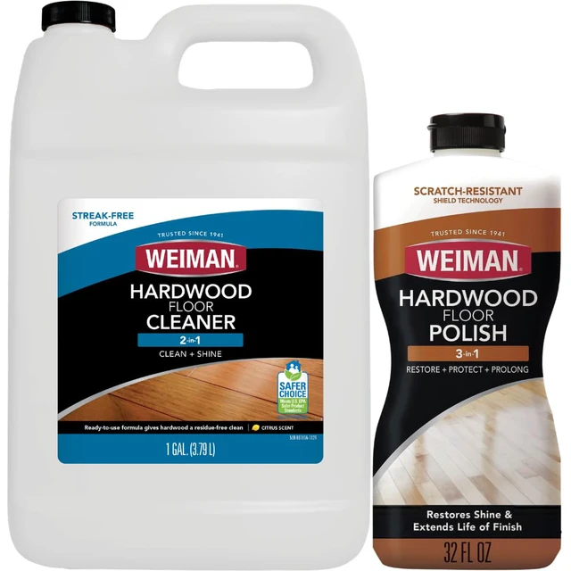 Main image of Hardwood Floor Cleaner and Polish - Cleans Vinyl Tile, Solid, Laminate, Natural Shine, No Residue, Removes Scratches, Leaves Protective Layer, 1 Gallon Mop Soap & 32 Oz Restorer