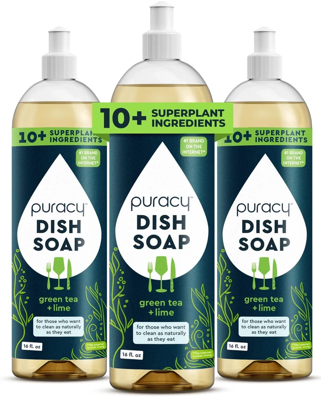 Main image of Dish Soap, Green Tea & Lime, Care for Your Dishes and Your Hands, 99.96% Plant-Based, Natural Liquid Dishwashing Detergent, Skin Friendly Sulfate-Free Kitchen Soap, 16 Ounce (3-Pack)