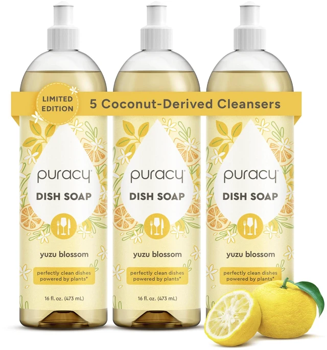 Main image of Natural Dish Soap - Skin-Softening Dishwashing Soap, Non-Toxic Dish Soap, Organic Liquid Dishwashing Detergent Soap, Coconut-Derived Cleanser (Yuzu Blossom, 16 fl oz, 3 Pack)