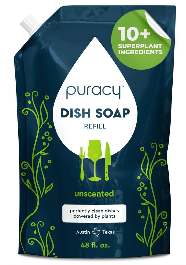 Main image of Natural Dish Soap Refill - Skin-Softening Plant-Based Liquid Dishwashing Detergent Soap, Clean-Rinsing Water-Sheeting Formula (Free & Clear, 48 fl oz)