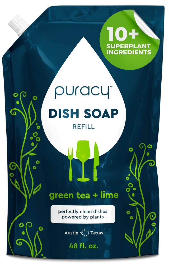Main image of Natural Dish Soap Refill - Skin-Softening Plant-Based Liquid Dishwashing Detergent Soap, Clean-Rinsing Water-Sheeting Formula (Green Tea & Lime, 48 fl oz)