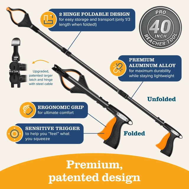Alt view image 6 of 7 - Pro 40" Extended Grabber Reacher Tool for Elderly, Trash Hand Grabber Pickup Sticks for Seniors, Foldable Gripper Claw Pickup Tool, Hand Extension Magnetic Folding Tongs