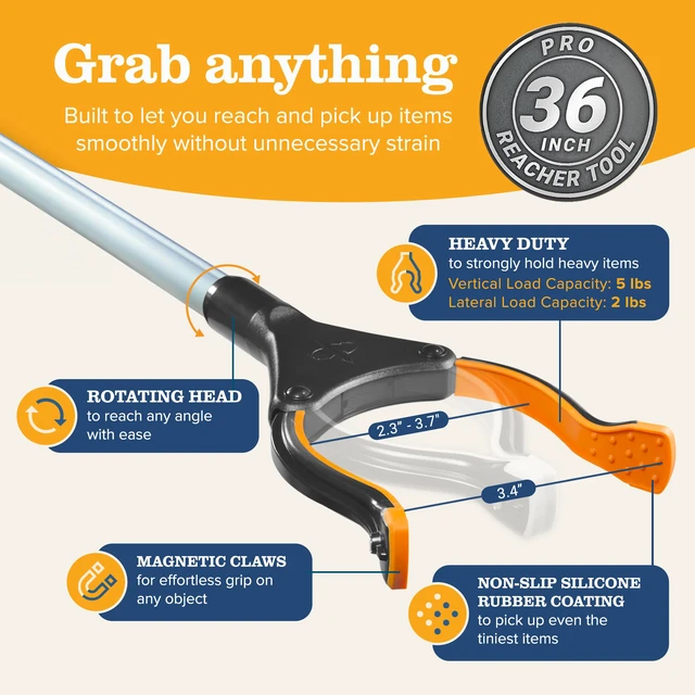 Alt view image 5 of 7 - Pro 36" Flexible Folding Grabber Tool for Elderly + Magnets, Reacher for Disabled & Seniors Heavy Duty Rotating Grippers for Reaching Underneath, Trash Grabbers & Dressing Stick