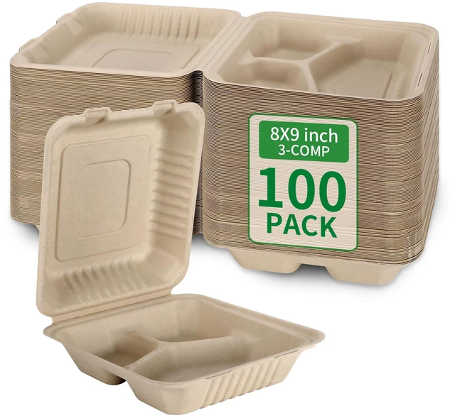 Main image of Disposable 100 Pack 3 Compartment 8x9 Inch Take Out Food Containers Compostable and Eco-Friendly Biodegradable Bagasse To Go Containers, PFAS-Free, Ideal for Meal Prep, Food, Party, Picnic