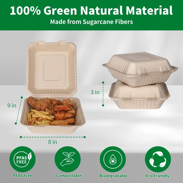 Alt view image 2 of 7 - Disposable 100 Pack 8×9 Inch Takeout Lunch Box Containers with Lids Compostable and Eco-Friendly Biodegradable Bagasse To Go Containers, PFAS-Free, Ideal for Meal Prep, Food, Party, Picnic