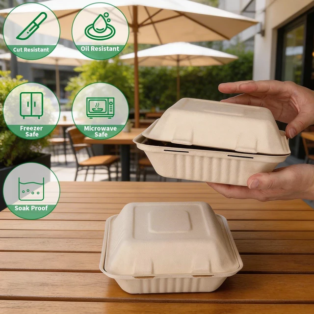 Alt view image 4 of 7 - Disposable 100 Pack 8×9 Inch Takeout Lunch Box Containers with Lids Compostable and Eco-Friendly Biodegradable Bagasse To Go Containers, PFAS-Free, Ideal for Meal Prep, Food, Party, Picnic