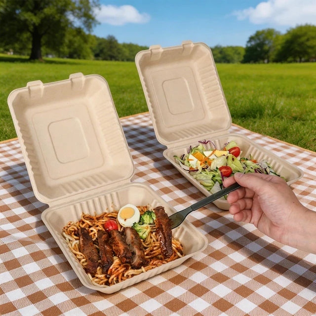 Alt view image 7 of 7 - Disposable 100 Pack 8×9 Inch Takeout Lunch Box Containers with Lids Compostable and Eco-Friendly Biodegradable Bagasse To Go Containers, PFAS-Free, Ideal for Meal Prep, Food, Party, Picnic