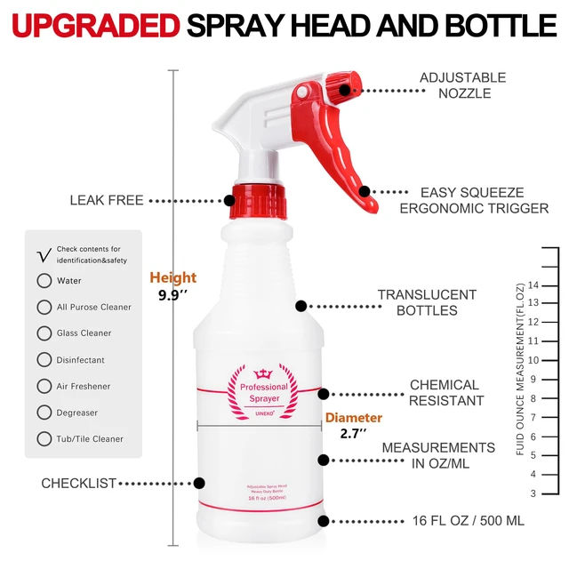 Alt view image 5 of 7 - Empty Spray Bottles, Heavy Duty Sprayer, Mist & Stream, 4 Pack 16 Oz Professional Spray Bottle, Leak-Proof, Better Trigger, Measurements, All-Purpose for Cleaning Solutions, Planting, Detailing