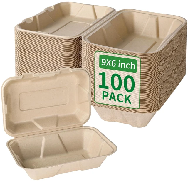 Main image of Disposable 100 Pack 9×6 Inch Takeout Lunch Box Containers with Lids Compostable and Eco-Friendly Biodegradable Bagasse To Go Containers, PFAS-Free, Ideal for Meal Prep, Food, Party, Picnic