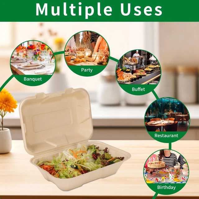 Alt view image 5 of 7 - Disposable 100 Pack 9×6 Inch Takeout Lunch Box Containers with Lids Compostable and Eco-Friendly Biodegradable Bagasse To Go Containers, PFAS-Free, Ideal for Meal Prep, Food, Party, Picnic