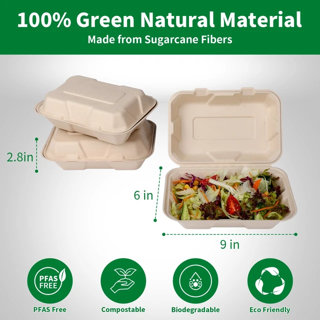 Alt view image 2 of 7 - Disposable 100 Pack 9×6 Inch Takeout Lunch Box Containers with Lids Compostable and Eco-Friendly Biodegradable Bagasse To Go Containers, PFAS-Free, Ideal for Meal Prep, Food, Party, Picnic
