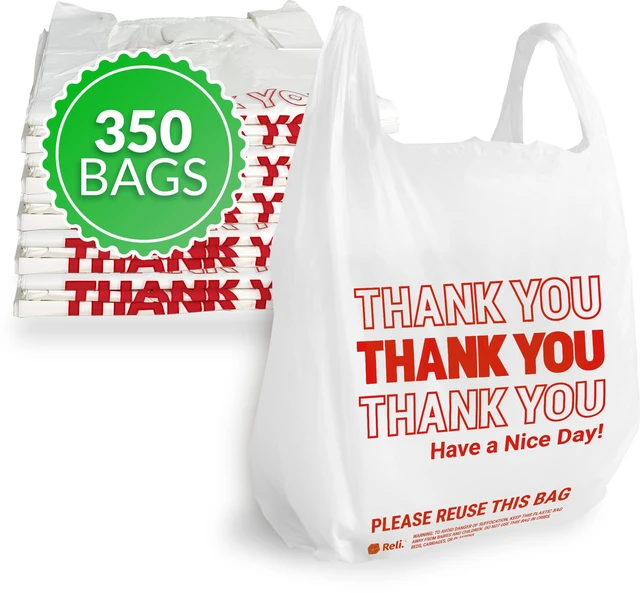 Main image of Thank You Plastic Bags (350 Count) Carry Out, Grocery, Shopping Bag, Restaurants, Convenience Store, 11.5" x 6.5" x 21" (White)