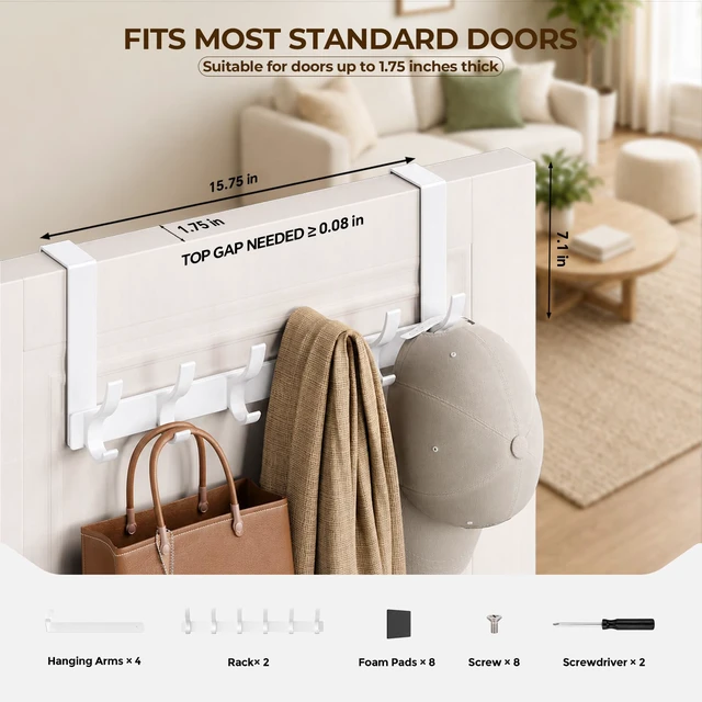 Alt view image 2 of 7 - Over The Door Hooks, Door Hanger Hooks for Hanging, Over The Doors Towel Racks for Bathroom with 12 Coat Hook, Coat Rack Bathroom Accessories2 Pack, White
