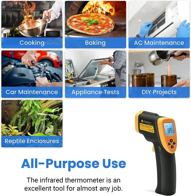 Alt view image 3 of 5 - Infrared Thermometer Laser Temperature Gun, -58~1382, D:S 16:1 Long-Range Measurement, Pizza Oven, Griddle, BBQ, Engine, Pool, Non-Contact, High-Temperature Applications