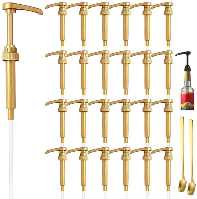 Main image of 25 Pcs Gold Coffee Syrup Pump Compatible with 25.4Oz/750ml Bottles Syrup Dispenser Pumps, Great for Home & Coffee Bar, Drinking Mixes, Tea, Beverage, Cocktails, Syrup Bottles, Plus Spoons