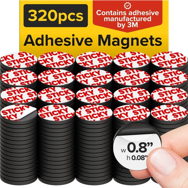 Main image of Sticky Flexible Adhesive Magnets for Crafts, 0.8"x0.08" (20x2mm), 320 pcs Flexible Sticky Magnetic Dots for Office & School Supplies, Whiteboard, Crafts, Fridge, School Projects & Classroom Decor