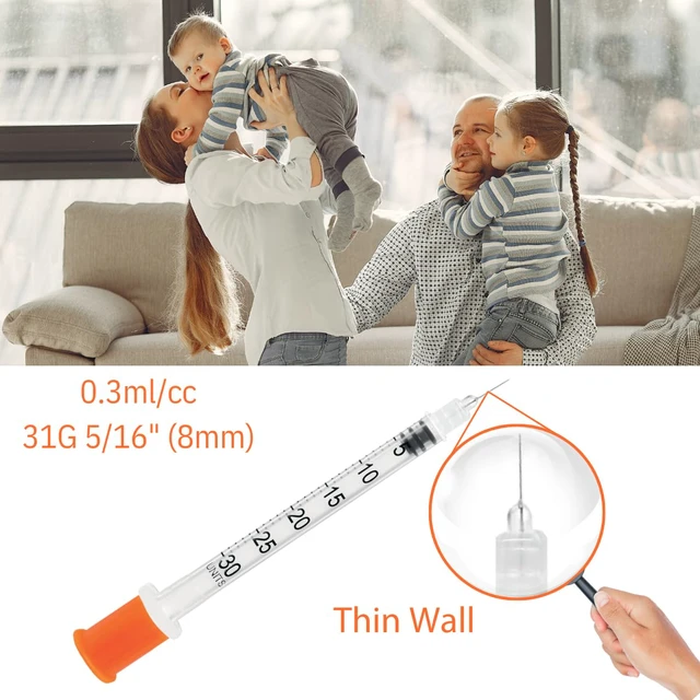 Alt view image 6 of 7 - 0.3 ml/cc Syringes 31G x 5/16" (8mm), Orange Cap,100 pcs/bx Fine Tip, Home & Lab Use, Clear Barrel, Bold Scale, Smooth Plunger Movement with back-end stopper, Leak-Proof Design