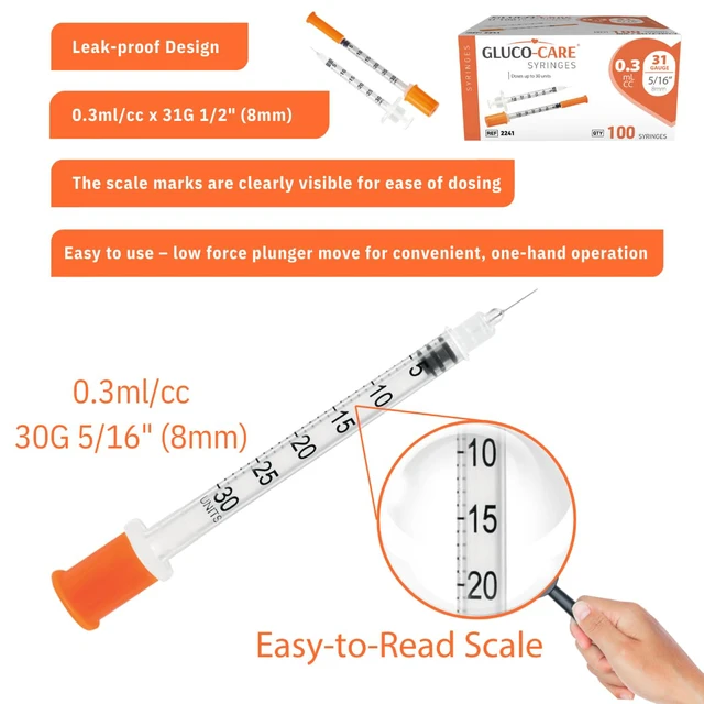 Alt view image 7 of 7 - 0.3 ml/cc Syringes 31G x 5/16" (8mm), Orange Cap,100 pcs/bx Fine Tip, Home & Lab Use, Clear Barrel, Bold Scale, Smooth Plunger Movement with back-end stopper, Leak-Proof Design