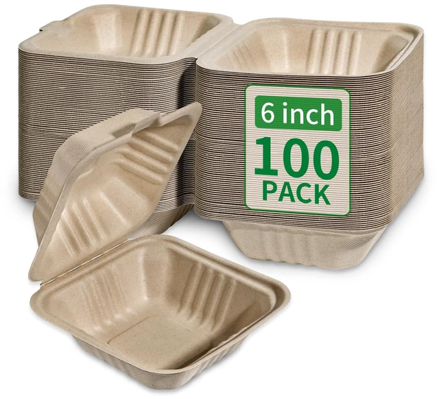 Main image of Disposable 100 Pack 6×6 Inch Takeout Lunch Box Containers with Lids Compostable and Eco-Friendly Biodegradable Bagasse To Go Containers, PFAS-Free, Ideal for Meal Prep, Food, Party, Picnic