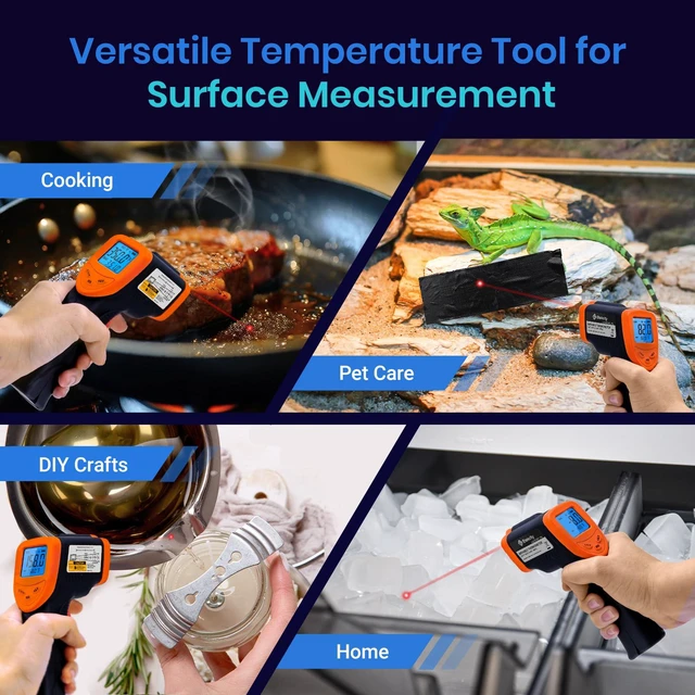 Alt view image 2 of 7 - Infrared Thermometer Laser Temperature Gun, -58°F~1130°F, Orange Cooking, Pizza Oven, BBQ, Meat, Kitchen, Reptile, HVAC, Adjustable Emissivity, MAX Display, High Temperature