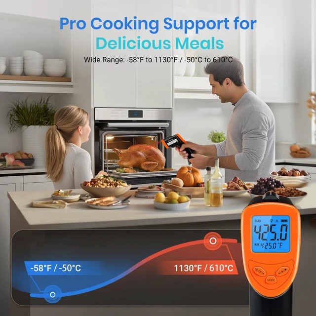 Alt view image 3 of 7 - Infrared Thermometer Laser Temperature Gun, -58°F~1130°F, Orange Cooking, Pizza Oven, BBQ, Meat, Kitchen, Reptile, HVAC, Adjustable Emissivity, MAX Display, High Temperature