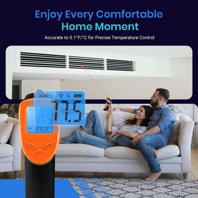 Alt view image 4 of 7 - Infrared Thermometer Laser Temperature Gun, -58°F~1130°F, Orange Cooking, Pizza Oven, BBQ, Meat, Kitchen, Reptile, HVAC, Adjustable Emissivity, MAX Display, High Temperature