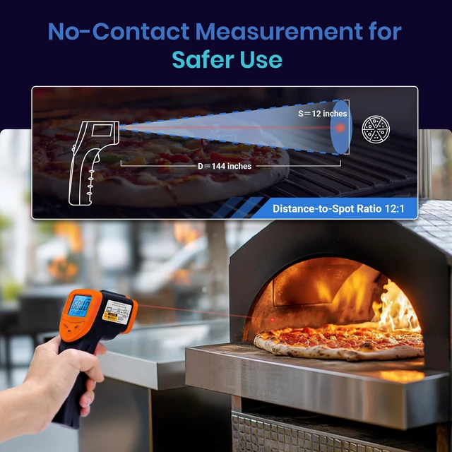 Alt view image 6 of 7 - Infrared Thermometer Laser Temperature Gun, -58°F~1130°F, Orange Cooking, Pizza Oven, BBQ, Meat, Kitchen, Reptile, HVAC, Adjustable Emissivity, MAX Display, High Temperature
