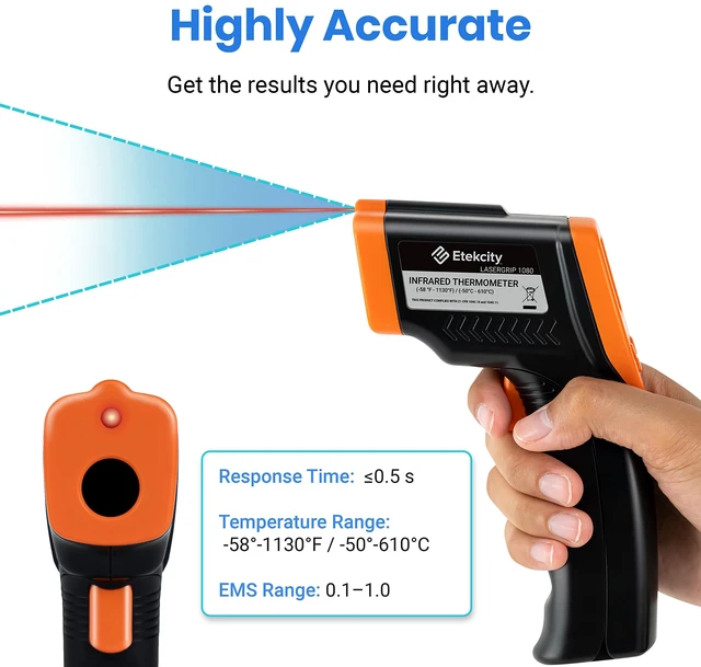 Alt view image 7 of 7 - Infrared Thermometer Laser Temperature Gun, -58°F~1130°F, Orange Cooking, Pizza Oven, BBQ, Meat, Kitchen, Reptile, HVAC, Adjustable Emissivity, MAX Display, High Temperature