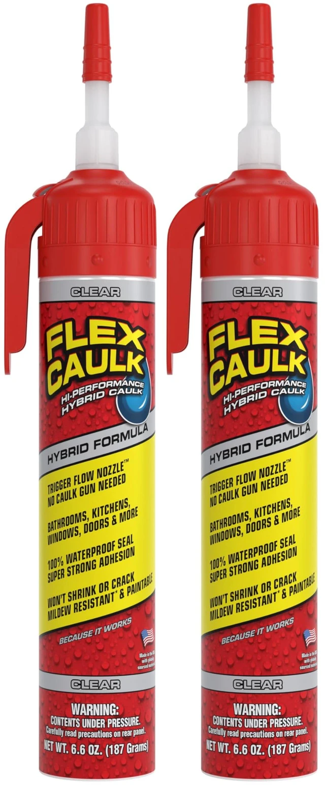 Main image of Caulk Hybrid Polymer Waterproof Sealant, Clear, 6.6 oz, 2-Pack No caulk gun needed, trigger flow nozzle, paintable, won't shrink or crack, seals wet or dry, bath, kitchen, sink, window, RV
