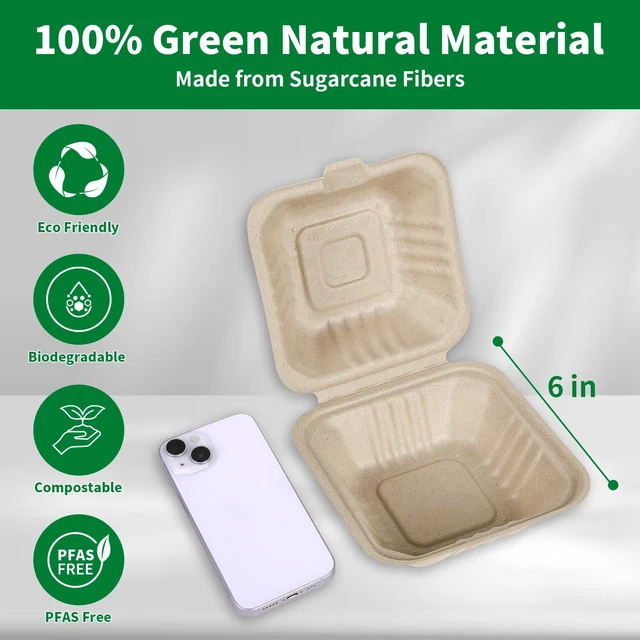 Alt view image 2 of 7 - Disposable 50 Pack 6×6 Inch Take Out Lunch Box Containers with Lids Compostable and Eco-Friendly Biodegradable Bagasse To Go Containers, PFAS-Free, Ideal for Meal Prep, Food, Party, Picnic