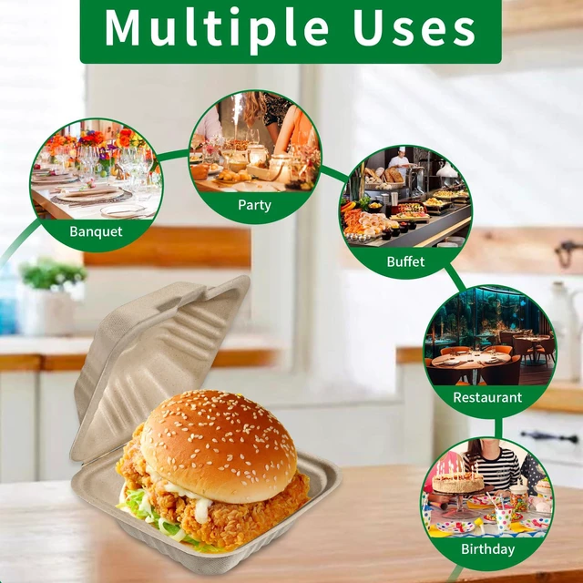 Alt view image 3 of 7 - Disposable 50 Pack 6×6 Inch Take Out Lunch Box Containers with Lids Compostable and Eco-Friendly Biodegradable Bagasse To Go Containers, PFAS-Free, Ideal for Meal Prep, Food, Party, Picnic