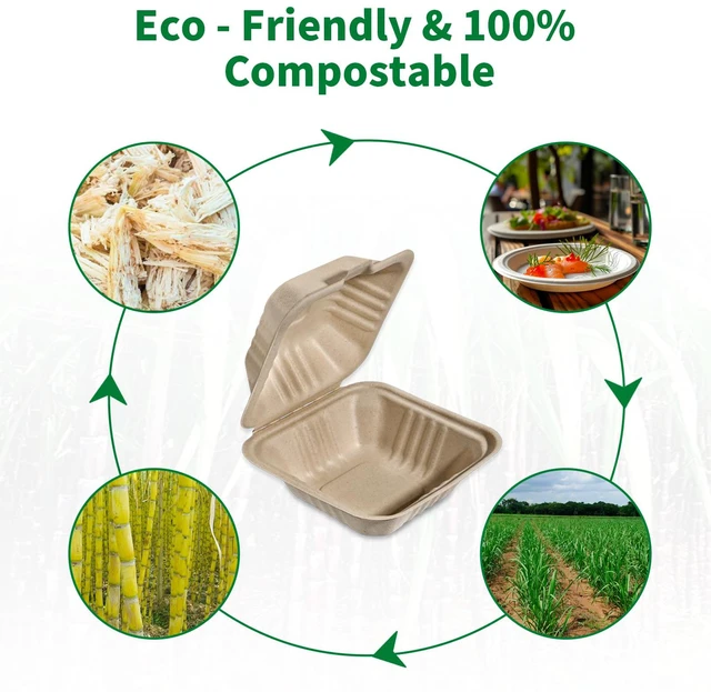 Alt view image 4 of 7 - Disposable 50 Pack 6×6 Inch Take Out Lunch Box Containers with Lids Compostable and Eco-Friendly Biodegradable Bagasse To Go Containers, PFAS-Free, Ideal for Meal Prep, Food, Party, Picnic