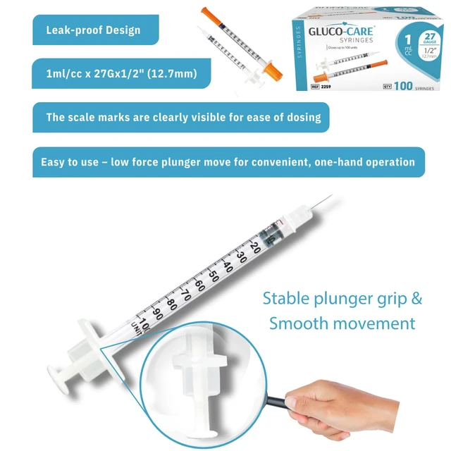 Alt view image 6 of 7 - 1 ml/cc Syringes 27G x 1/2 (12.7mm), Orange Cap, 100/box Fine Tip, Clear Barrel, Bold Scale, Smooth Plunger Movement with back-end stopper, Leak-Proof Design, Front & Back Orange Cap