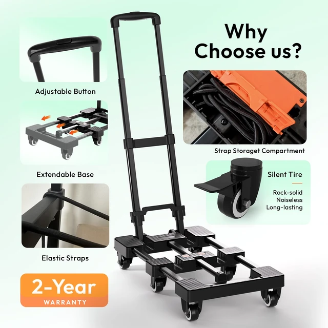 Alt view image 2 of 6 - Folding Hand Truck 500lbs, Portable Heavy Duty Dolly Cart, 6 Wheels Collapsible Luggage Cart with 2 Elastic Ropes - Compact Trolley Cart for Easy Moving - Ideal Hand Cart for Travel and More