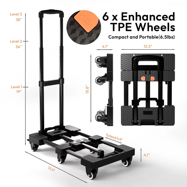 Alt view image 3 of 6 - Folding Hand Truck 500lbs, Portable Heavy Duty Dolly Cart, 6 Wheels Collapsible Luggage Cart with 2 Elastic Ropes - Compact Trolley Cart for Easy Moving - Ideal Hand Cart for Travel and More