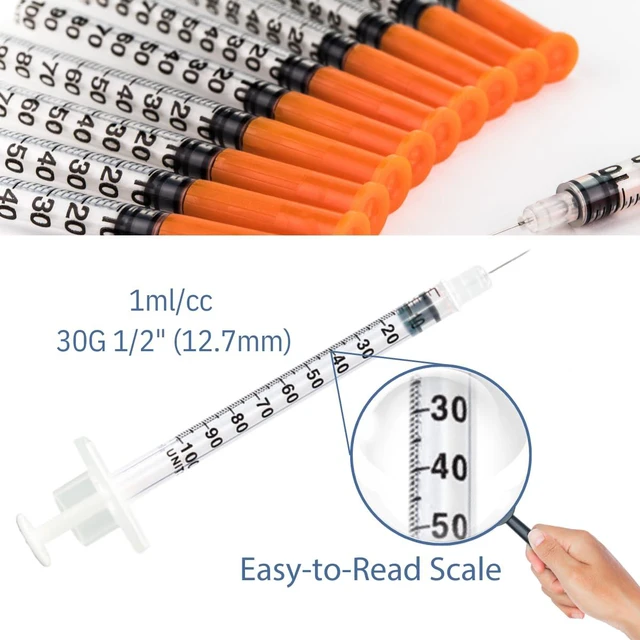 Alt view image 5 of 7 - 1 ml/cc Syringes 30G x 1/2 (12.7mm), Orange Cap, 100/box Fine Tip, Home & Lab Use, Clear Barrel, Bold Scale, Smooth Plunger Movement with back-end stopper, Leak-Proof Design