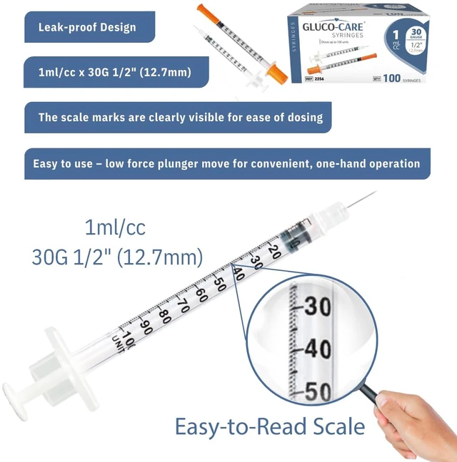 Alt view image 7 of 7 - 1 ml/cc Syringes 30G x 1/2 (12.7mm), Orange Cap, 100/box Fine Tip, Home & Lab Use, Clear Barrel, Bold Scale, Smooth Plunger Movement with back-end stopper, Leak-Proof Design