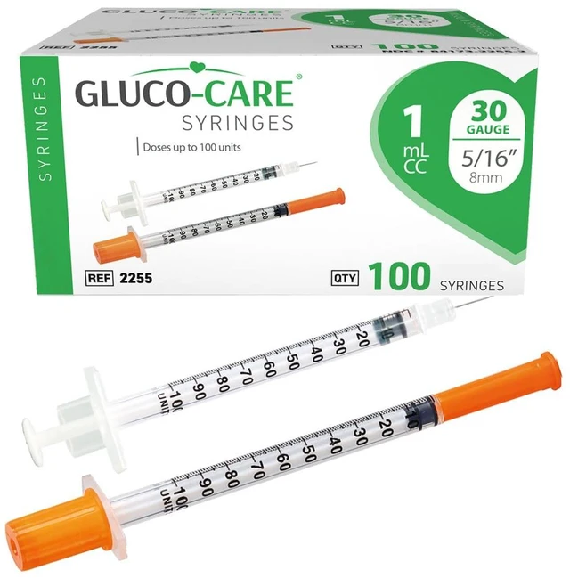 Main image of 1 ml/cc Syringes 30G x 5/16 (8mm), Orange Cap, 100/box Fine Tip, Home & Lab Use, Clear Barrel, Bold Scale, Smooth Plunger Movement with back-end stopper, Leak-Proof Design
