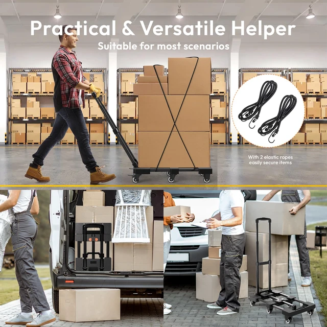 Alt view image 5 of 6 - Folding Hand Truck 500lbs, Portable Heavy Duty Dolly Cart, 6 Wheels Collapsible Luggage Cart with 2 Elastic Ropes - Compact Trolley Cart for Easy Moving - Ideal Hand Cart for Travel and More