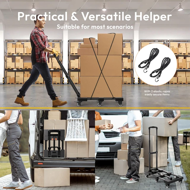 Alt view image 6 of 6 - Folding Hand Truck 500lbs, Portable Heavy Duty Dolly Cart, 6 Wheels Collapsible Luggage Cart with 2 Elastic Ropes - Compact Trolley Cart for Easy Moving - Ideal Hand Cart for Travel and More