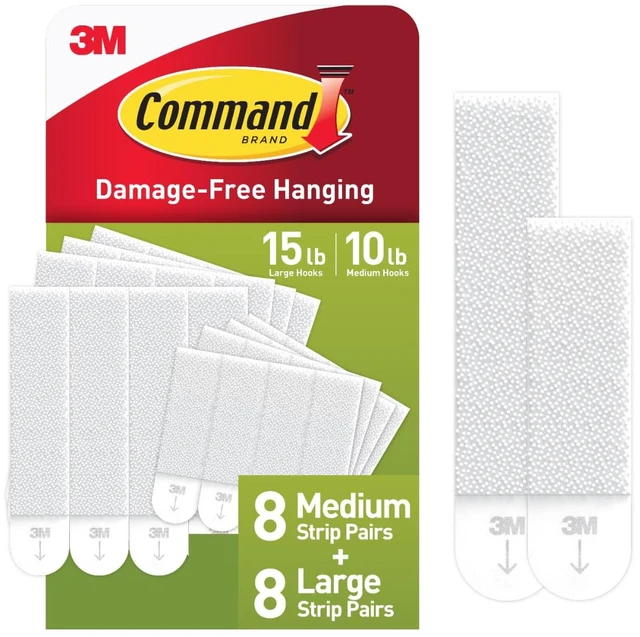 Main image of 15 & 10 lb Assorted Picture Hanging Strips, 16 Pairs (32 Strips) White Picture Hanging Strips, Damage-Free Wall Hangers for Frames, No Tools Required, Ideal for Decorating Apartments, Dorms