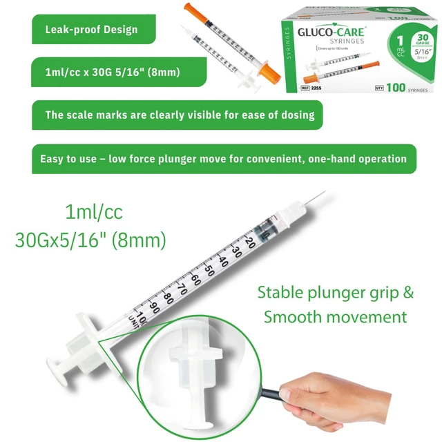 Alt view image 7 of 7 - 1 ml/cc Syringes 30G x 5/16 (8mm), Orange Cap, 100/box Fine Tip, Home & Lab Use, Clear Barrel, Bold Scale, Smooth Plunger Movement with back-end stopper, Leak-Proof Design