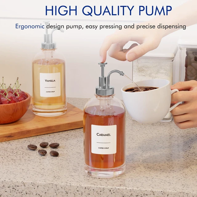 Alt view image 3 of 7 - 16.9 oz/500 ml Coffee Syrup Dispenser Set - 2 Glass Bottles with Silver Pumper and Syrup Labels - Precise Dispensing and Stylish Addition to Coffee Shop, Cafe or Home Bar