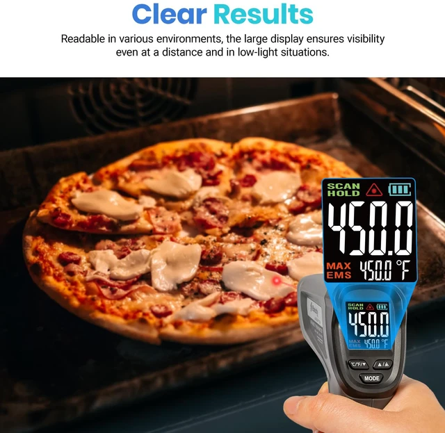 Alt view image 3 of 7 - Infrared Thermometer Laser Temperature Gun, Color Display Easy-to-Read LCD, Large Color Digits, Pizza Oven, Griddle, Meat, HVAC, MAX Temperature, Adjustable Emissivity